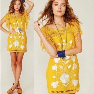 Free People Macrame Fringe Linen Mexican Embroidery Dress Boho Yellow Festival 4